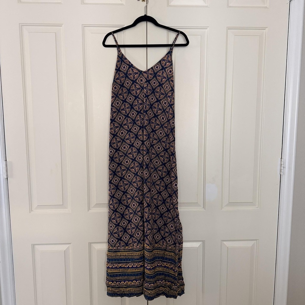Old Navy Dress XL Blue Geometric Maxi V Neck Strappy Sundress Boho Festival